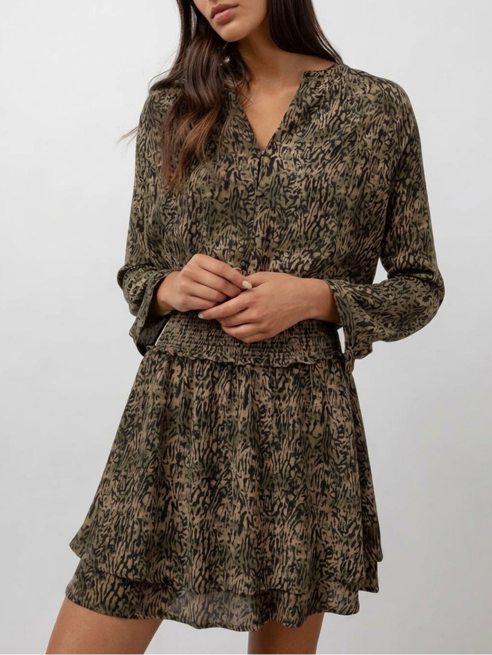RAILS Jasmine Mini Dress Olive Animal Print Small Smocked Waist Boho Safari